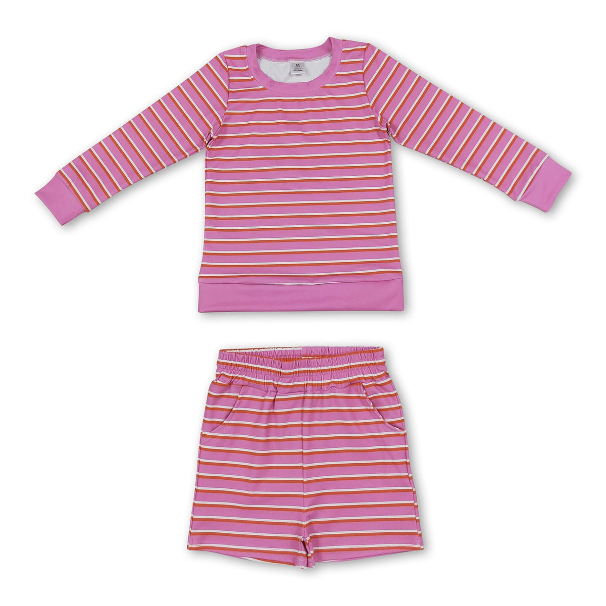 Pink stripe long sleeves top shorts girls active wear set