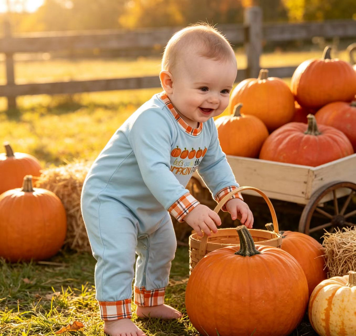 Let's go to the pumpkin patch baby boy fall romper