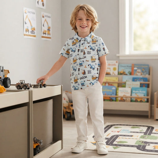 Short sleeves constructions kids boys polo shirt