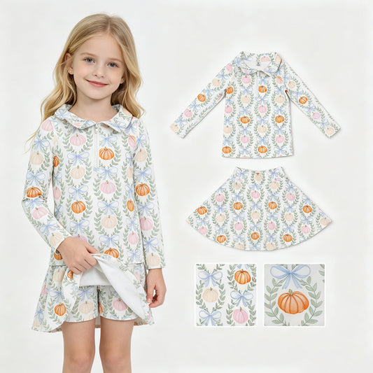 Long sleeves pumpkin bow kids girls fall active wear set