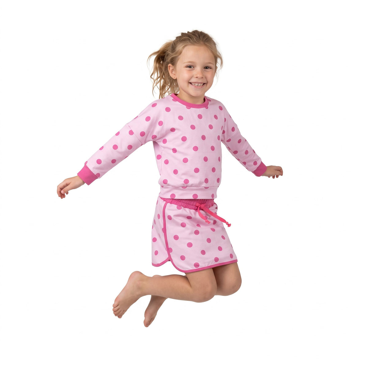 Long sleeves light pink polka dots top skirt girls outfits