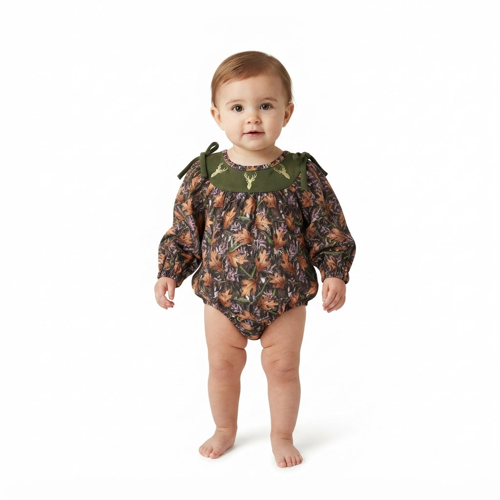 deer smock long sleeves leaves baby girl romper