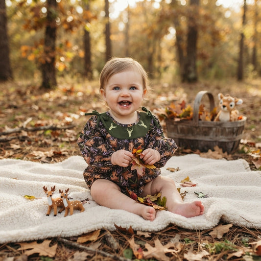 deer smock long sleeves leaves baby girl romper
